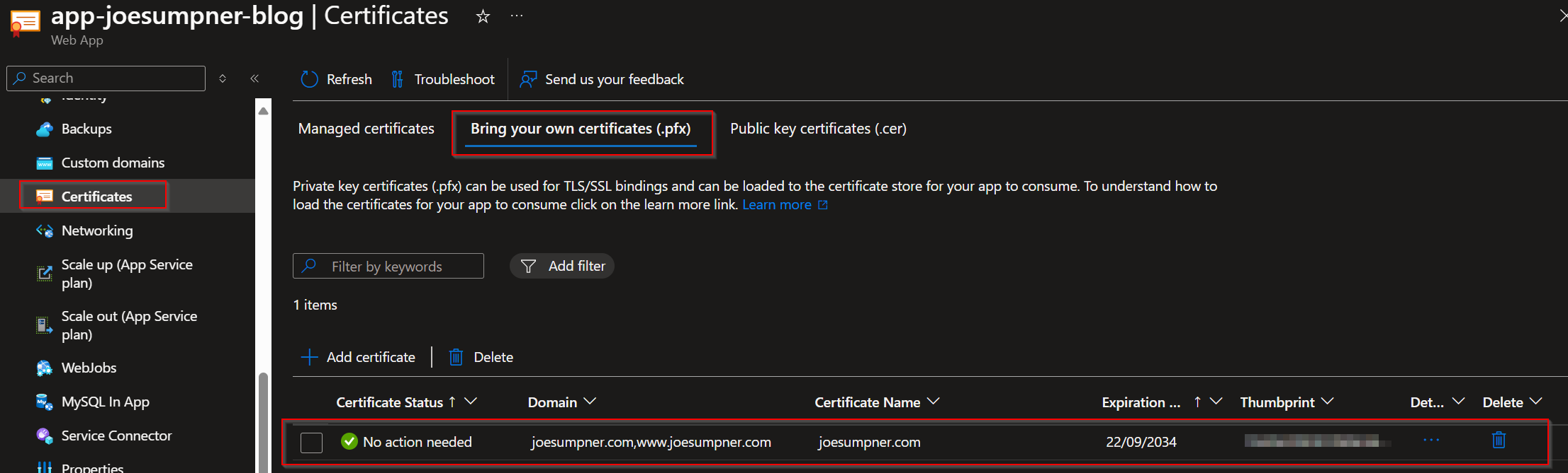 App service bring your own certificates