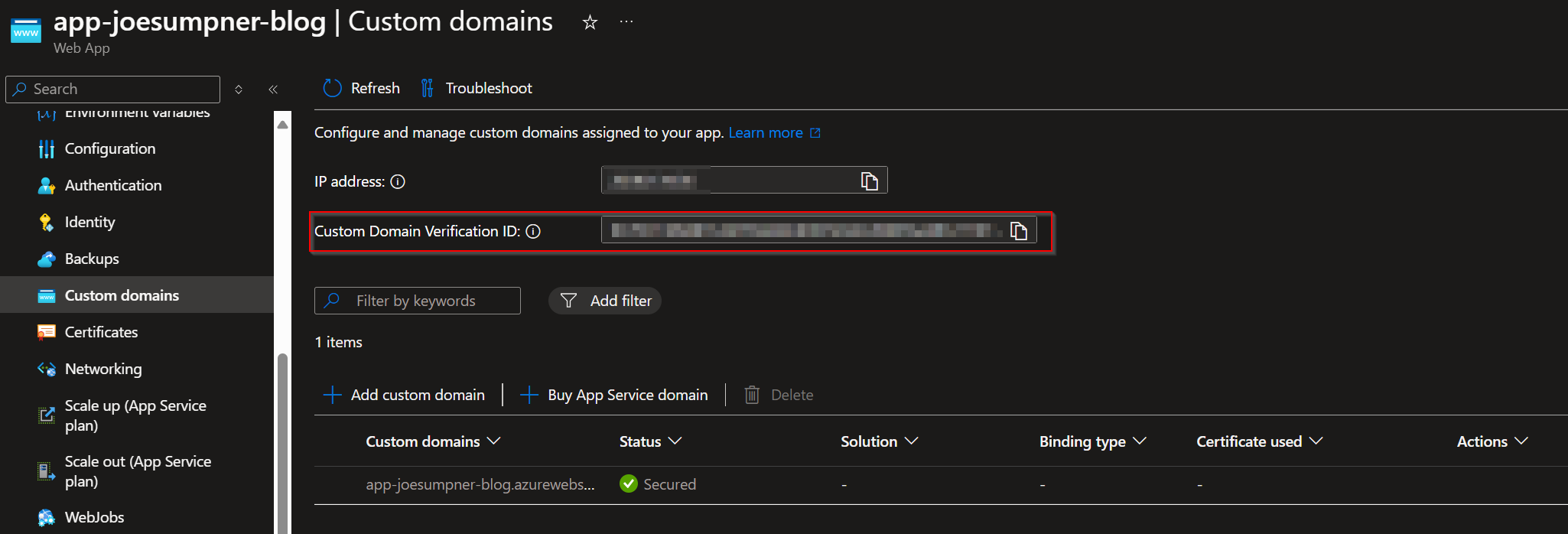 App service custom domain verification id