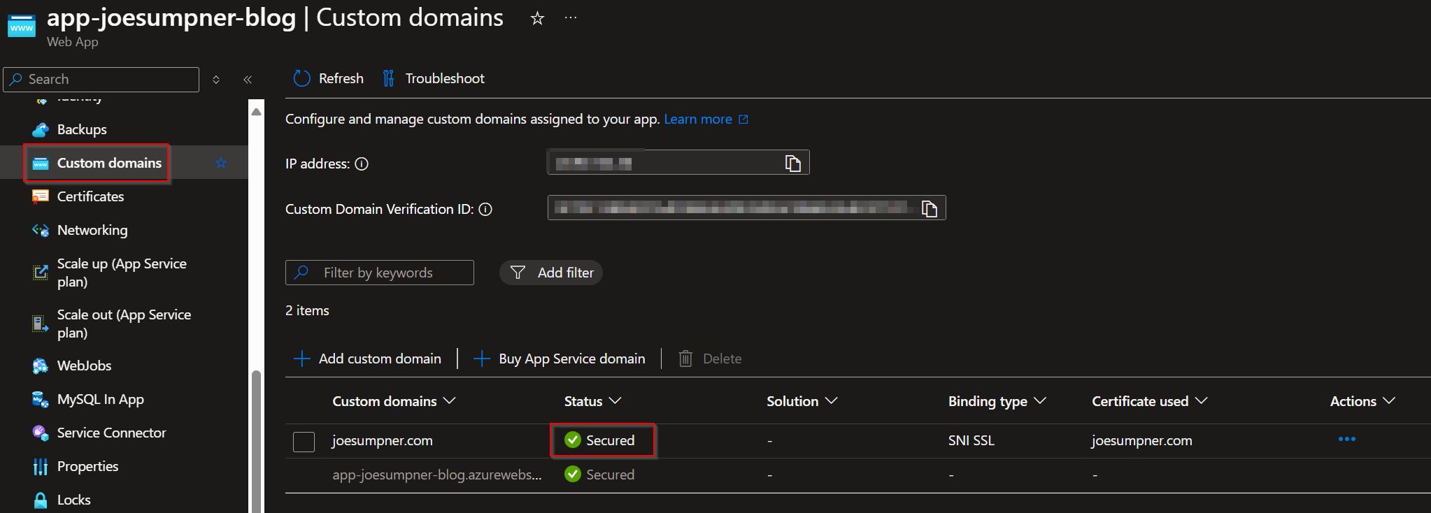 App service custom domain verified