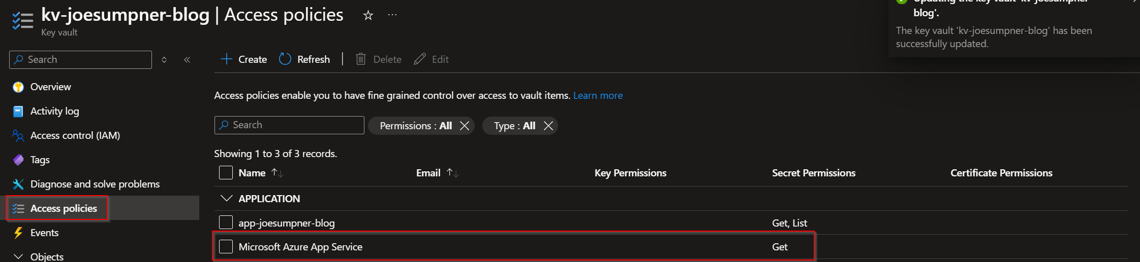 Key vault azure app service service principal access policy