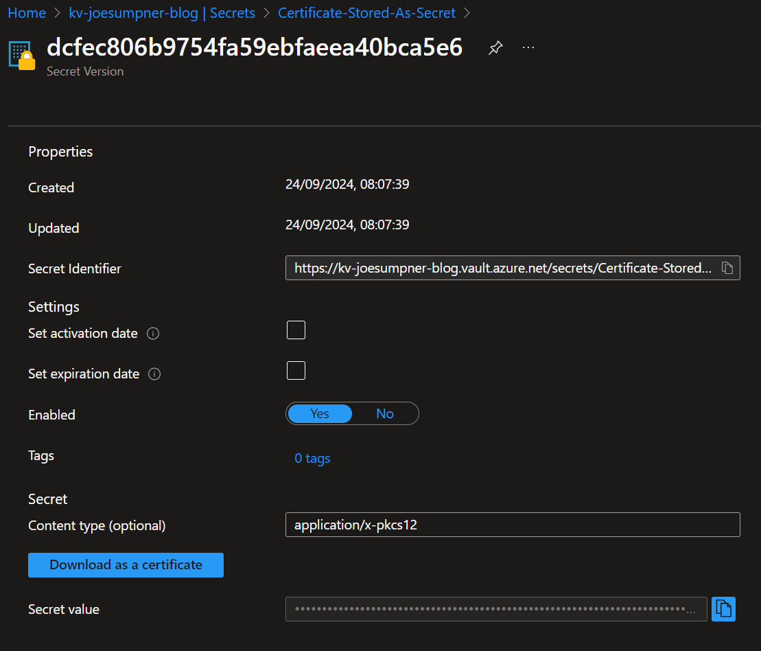 Key vault certificate stored as secret