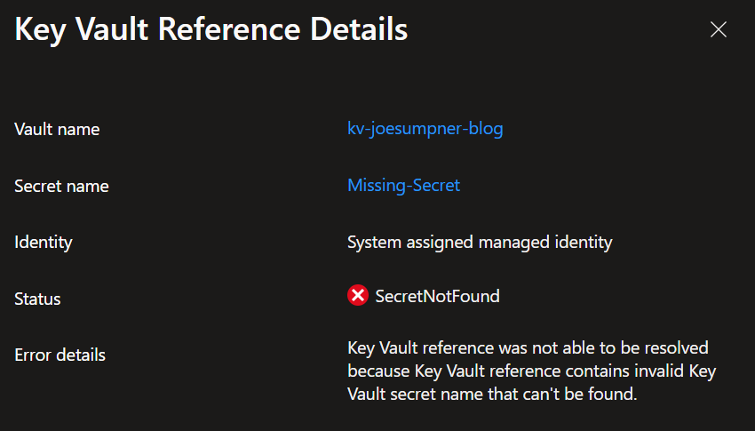 App service key vault reference error missing secret