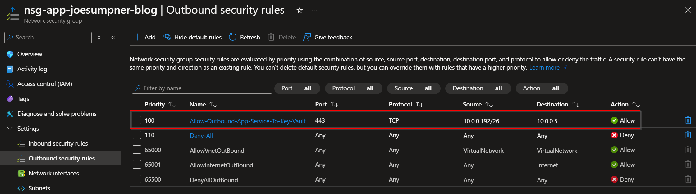 App service NSG outbound rule to key vault 