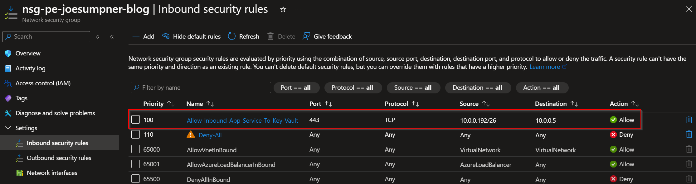 Key vault inbound NSG rule from app service