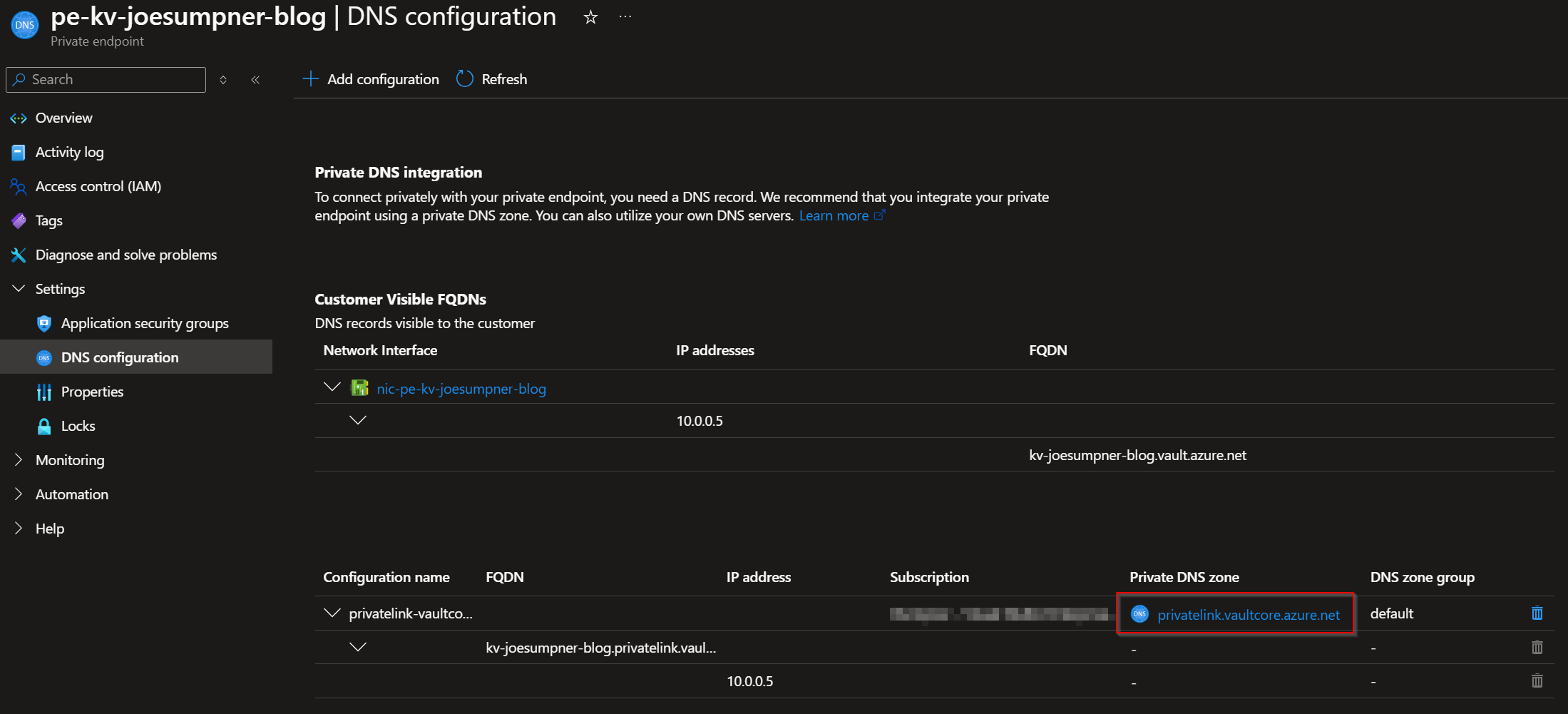 Key vault private endpoint DNS config